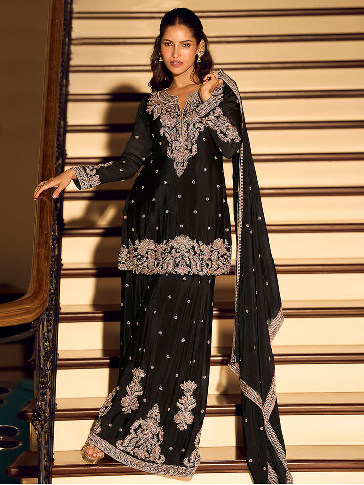Black Chinon Embroidered Kurta With Sharara &amp; Dupatta