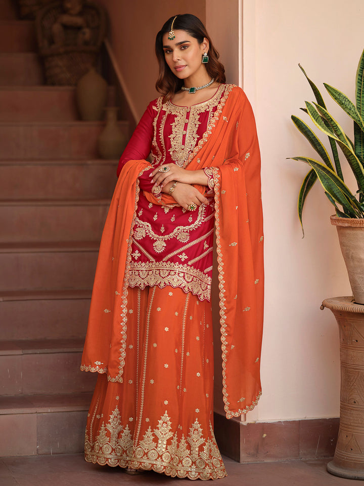 Red Chinon Embroidered Kurta With Palazzo &amp; Dupatta