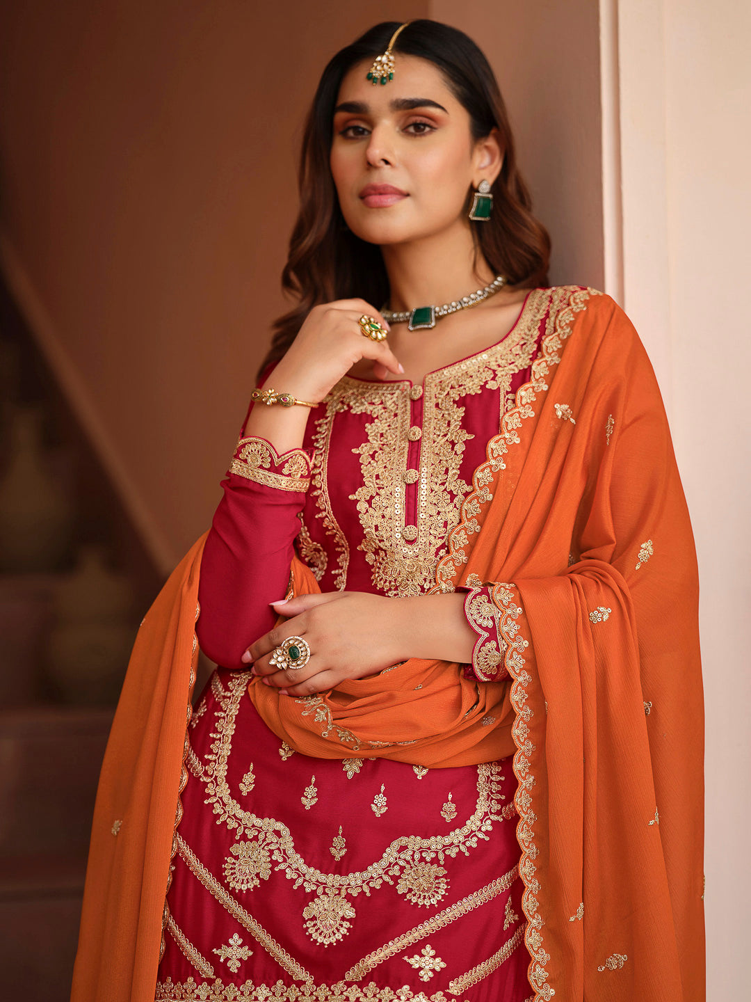 Red Chinon Embroidered Kurta With Palazzo &amp; Dupatta