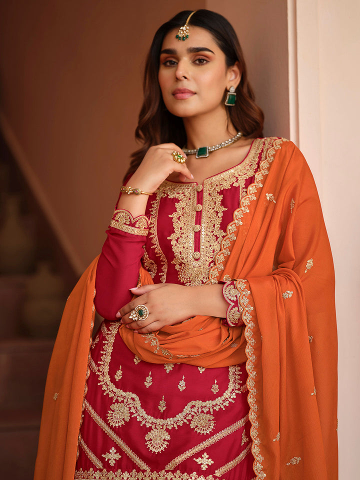 Red Chinon Embroidered Kurta With Palazzo &amp; Dupatta