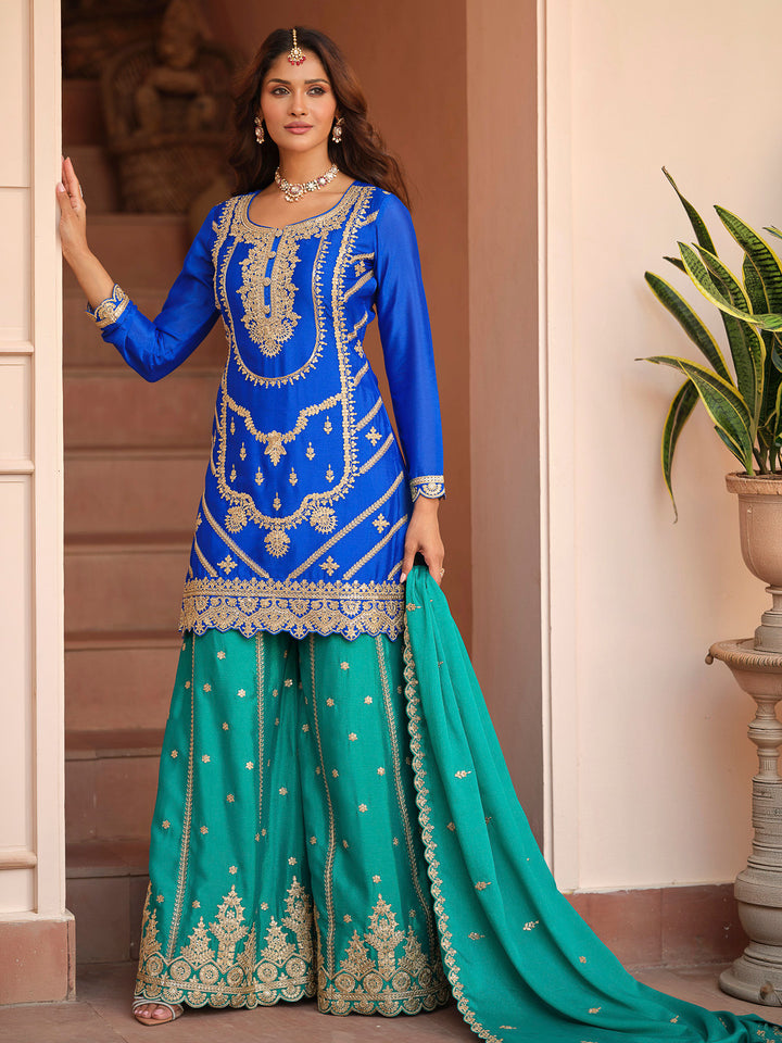 Blue Chinon Embroidered Kurta With Palazzo &amp; Dupatta