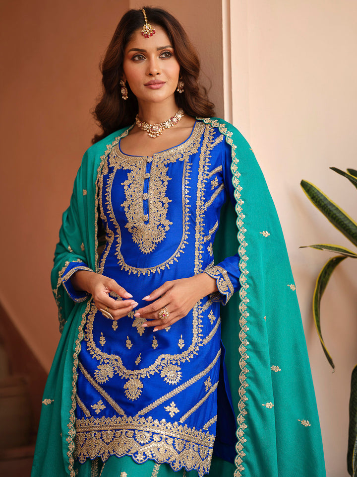Blue Chinon Embroidered Kurta With Palazzo &amp; Dupatta