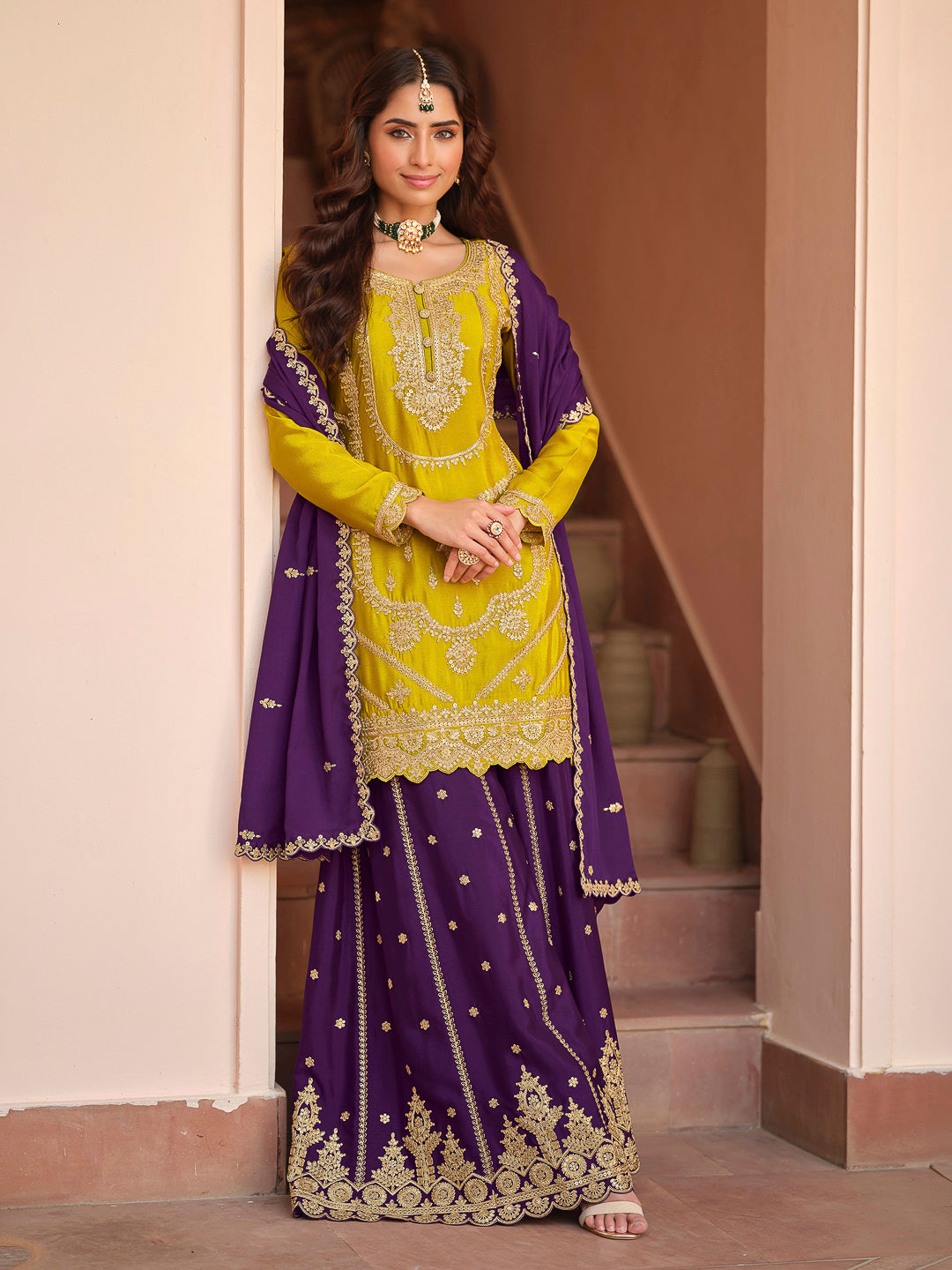 Mustard Chinon Embroidered Kurta With Palazzo &amp; Dupatta