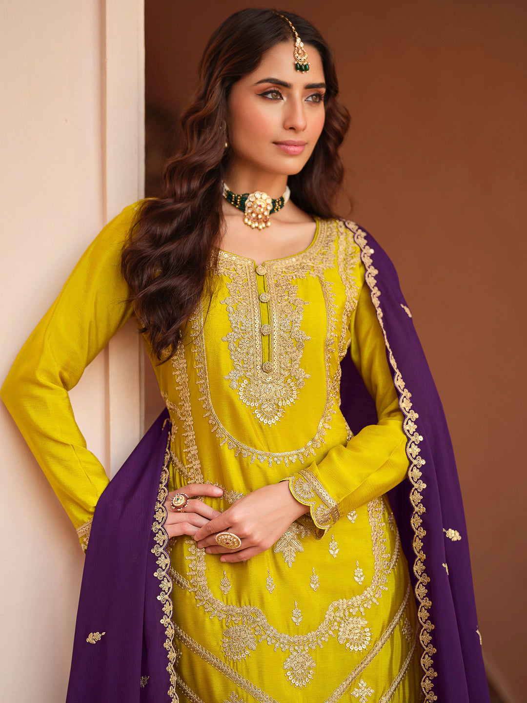 Mustard Chinon Embroidered Kurta With Palazzo &amp; Dupatta