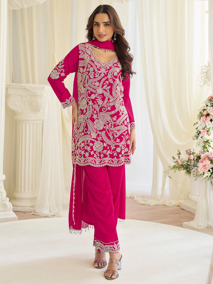 Magenta Georgette Embroidered Kurta With Pant &amp; Dupatta