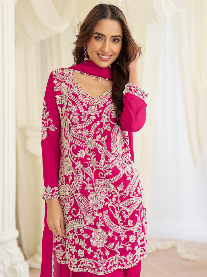 Magenta Georgette Embroidered Kurta With Pant &amp; Dupatta