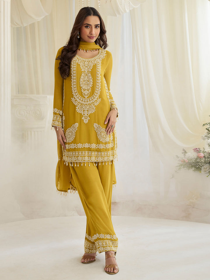 Yellow Georgette Embroidered Kurta With Pant &amp; Dupatta
