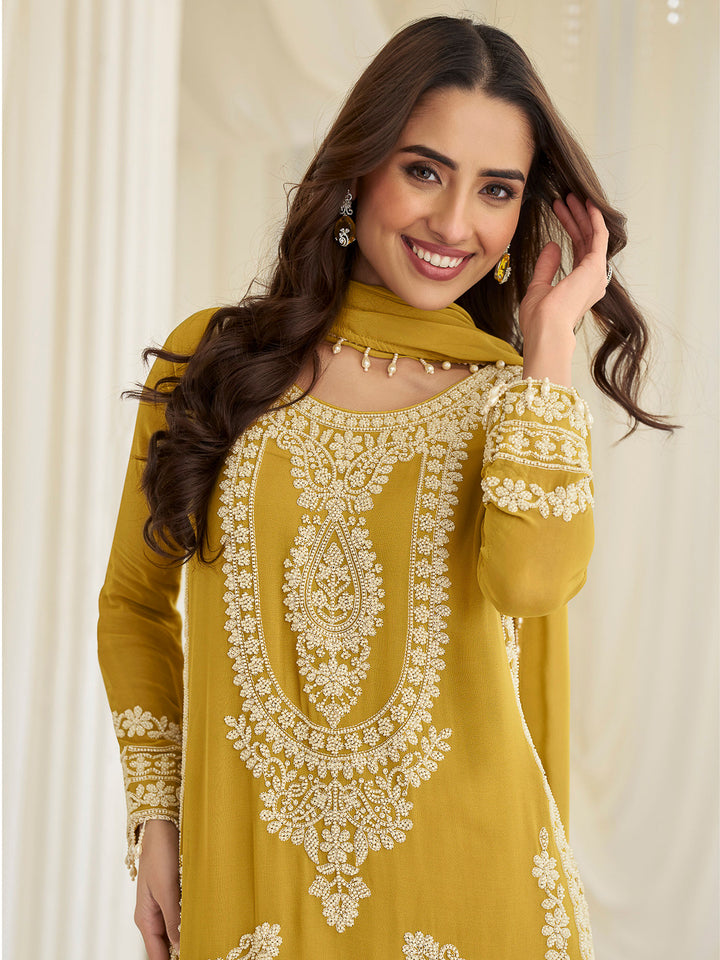 Yellow Georgette Embroidered Kurta With Pant &amp; Dupatta