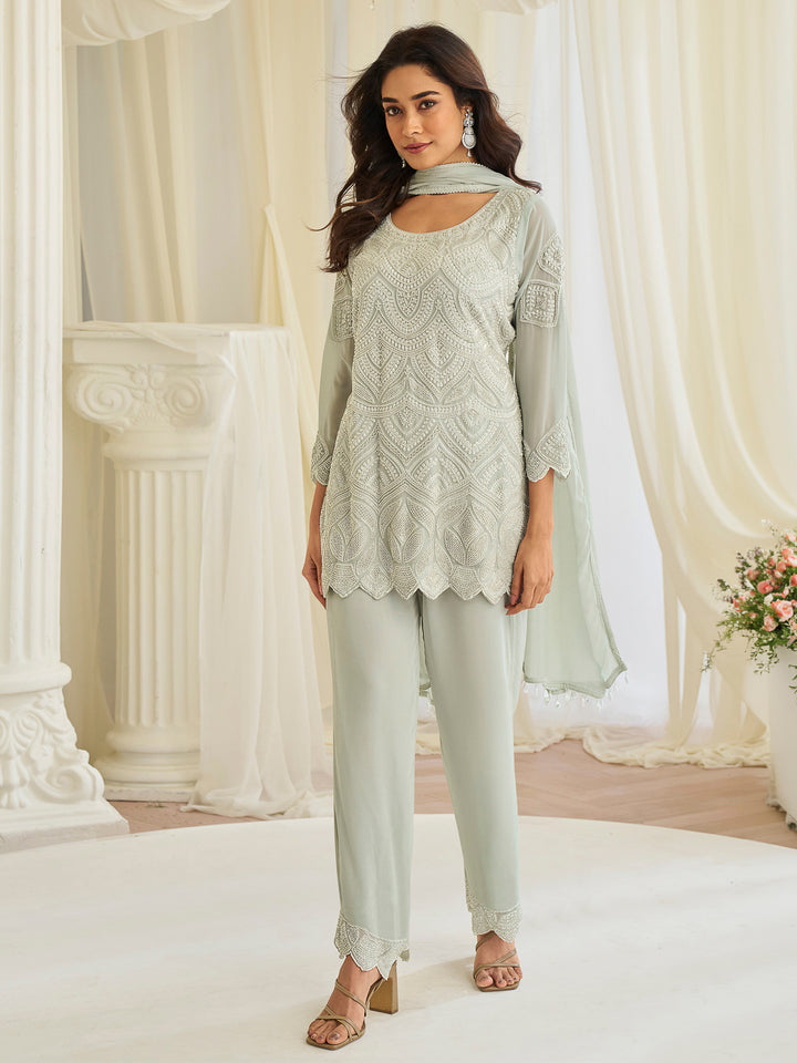 Sea Green Georgette Embroidered Kurta With Pant &amp; Dupatta