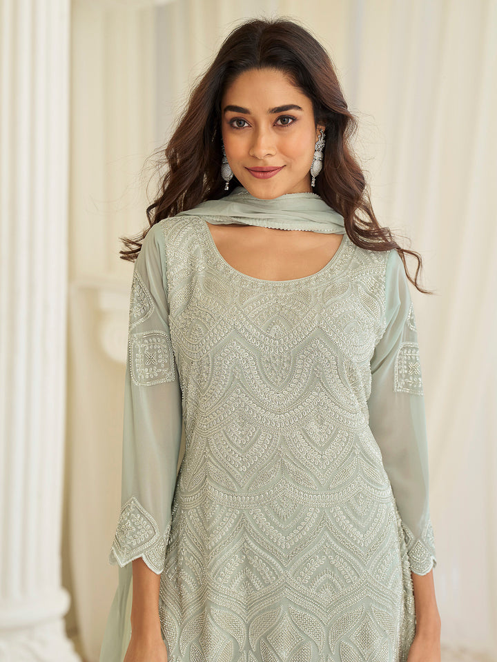 Sea Green Georgette Embroidered Kurta With Pant &amp; Dupatta