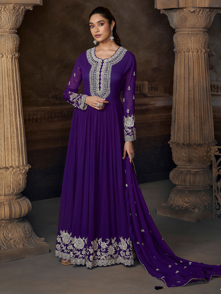 Purple Georgette Embroidered Gown With Dupatta
