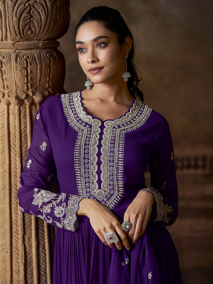 Purple Georgette Embroidered Gown With Dupatta