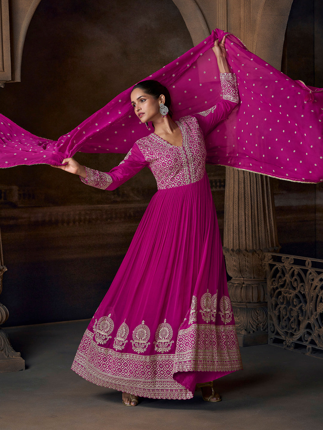Pink Georgette Embroidered Gown With Dupatta