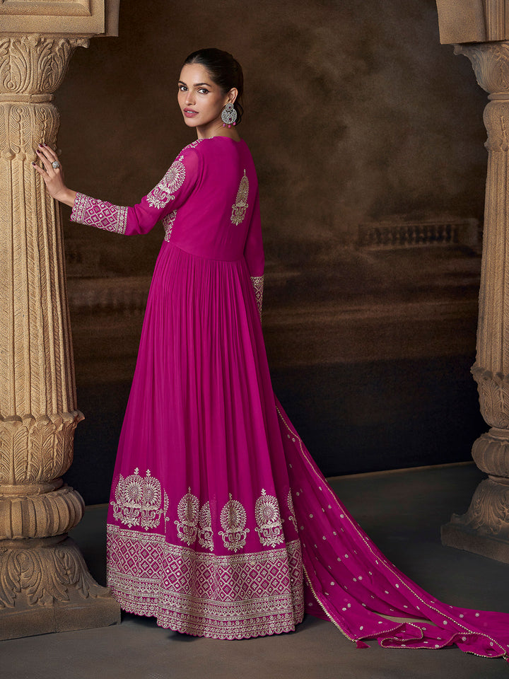 Pink Georgette Embroidered Gown With Dupatta