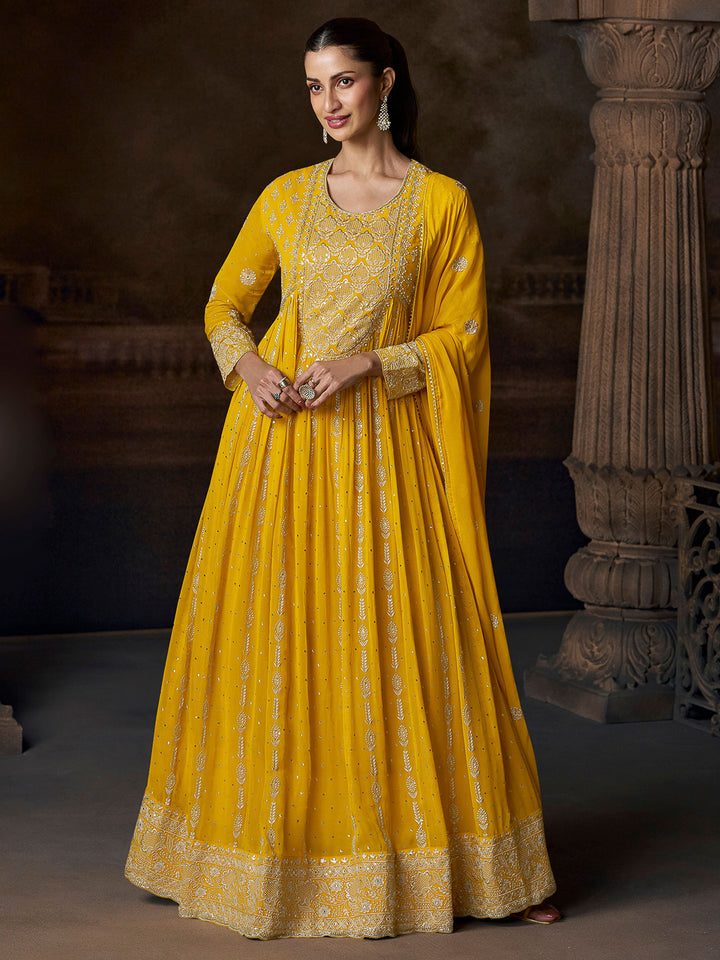 Yellow Georgette Embroidered Gown With Dupatta