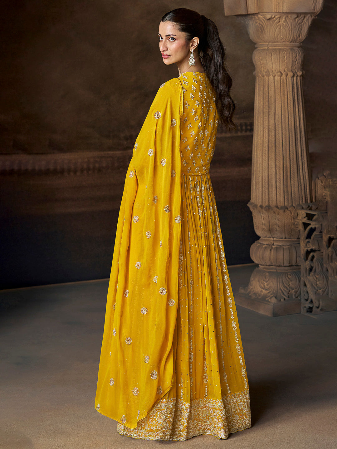 Yellow Georgette Embroidered Gown With Dupatta