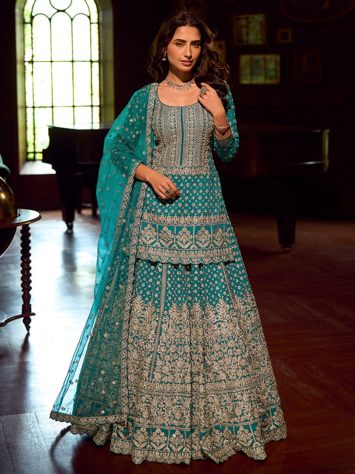 Turquoise Georgette Embroidered Kurta With Skirt &amp; Dupatta