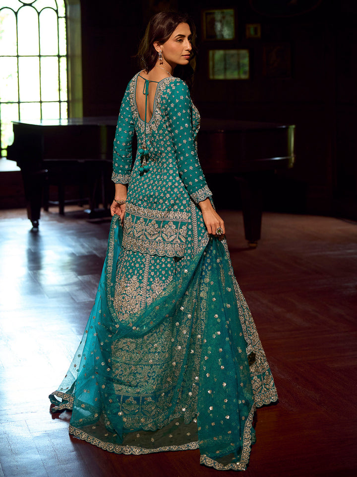Turquoise Georgette Embroidered Kurta With Skirt &amp; Dupatta