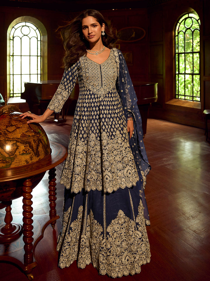 Navy Blue Georgette Embroidered Kurta With Skirt &amp; Dupatta