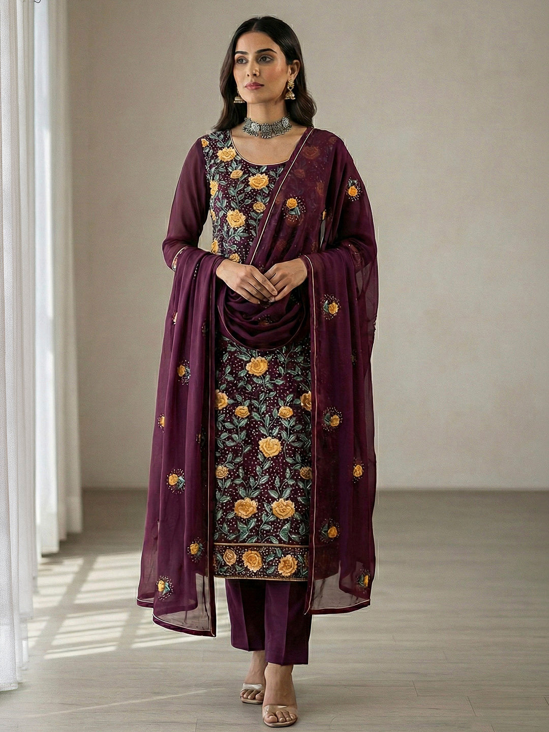 Wine Georgette Embroidered Kurta With Pant &amp; Dupatta