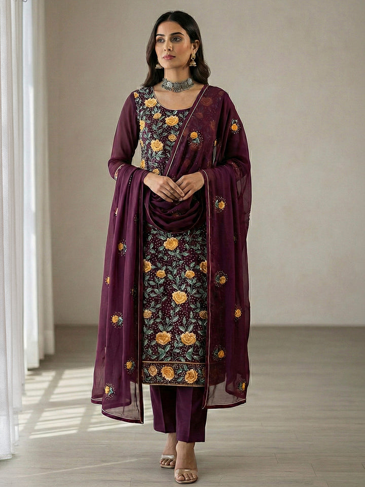 Wine Georgette Embroidered Kurta With Pant &amp; Dupatta