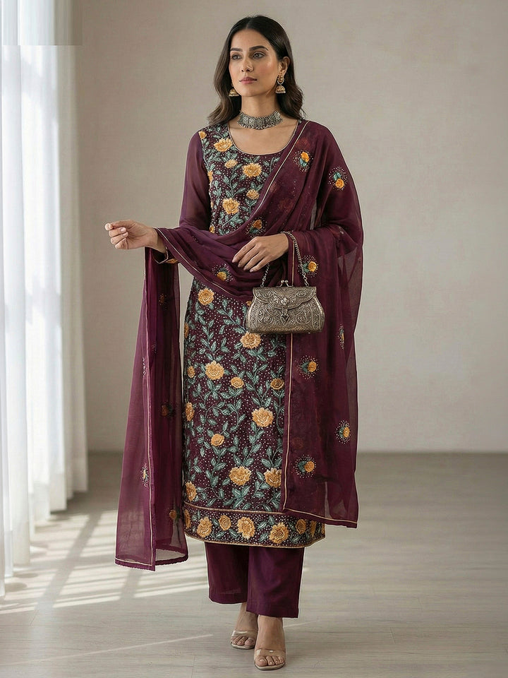Wine Georgette Embroidered Kurta With Pant &amp; Dupatta