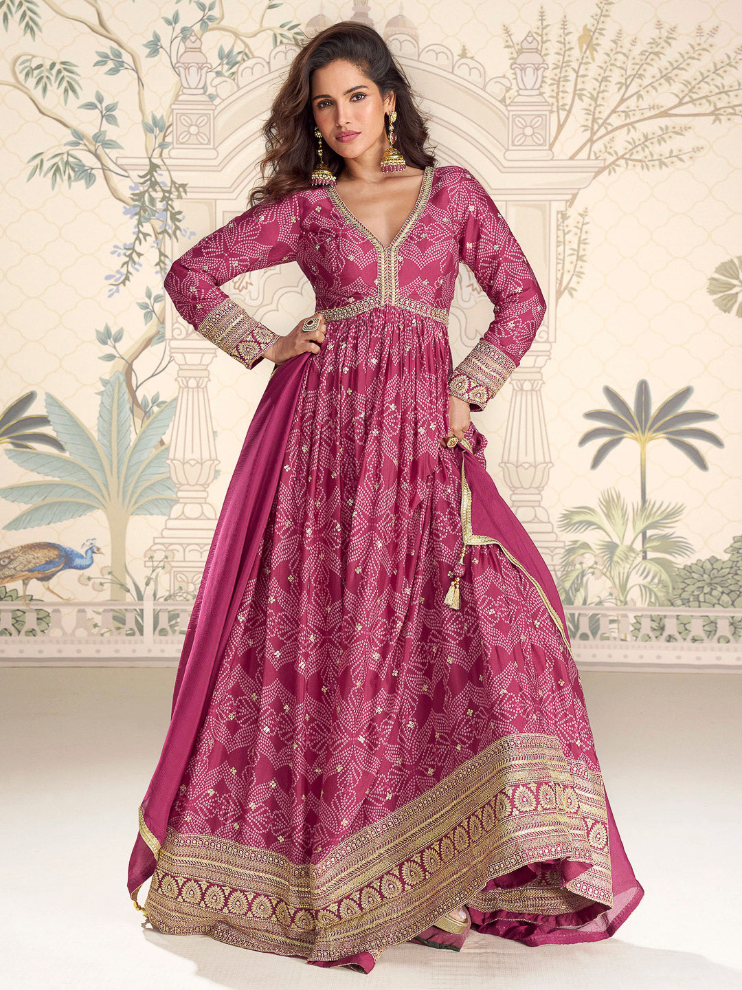 Pink Chinon Embroidered Gown With Dupatta