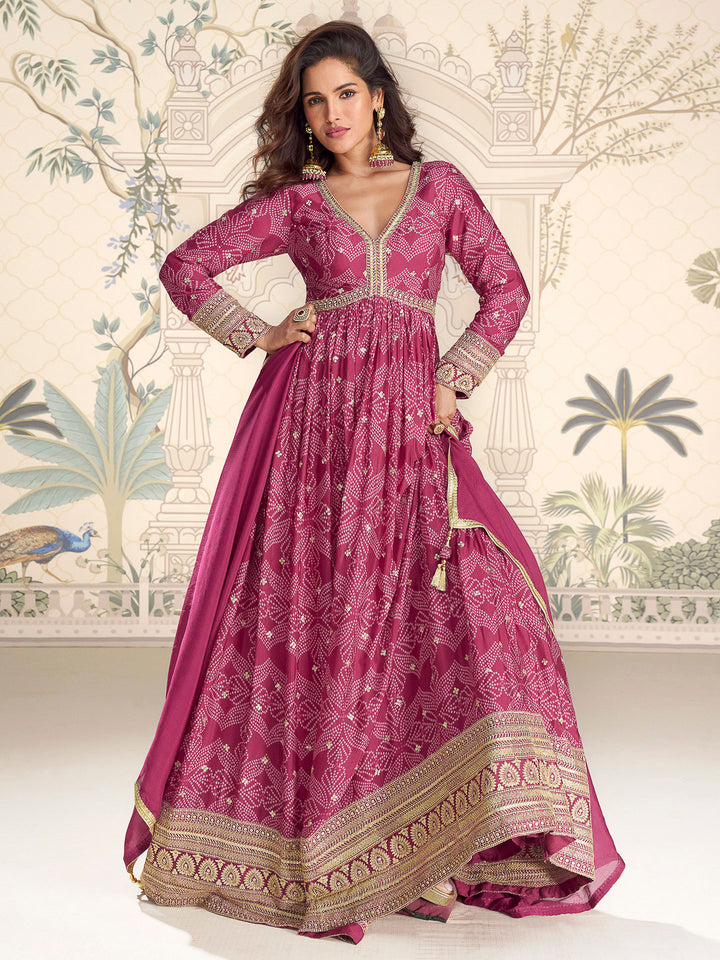 Pink Chinon Embroidered Gown With Dupatta