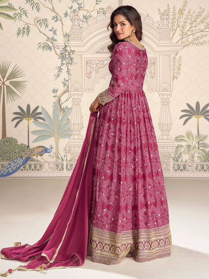 Pink Chinon Embroidered Gown With Dupatta