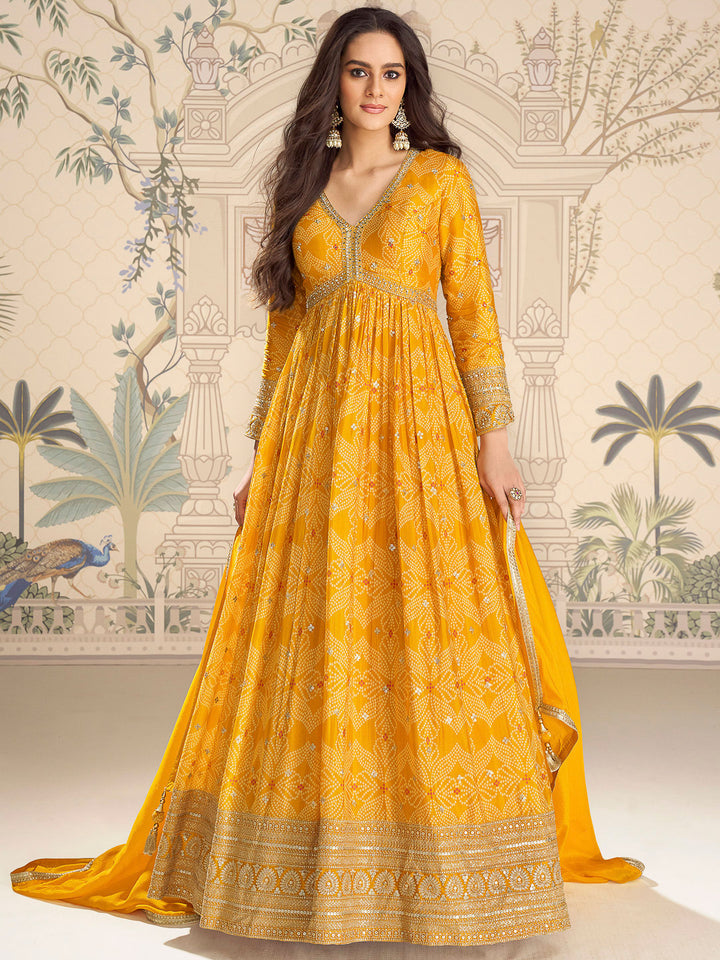 Mustard Chinon Embroidered Gown With Dupatta