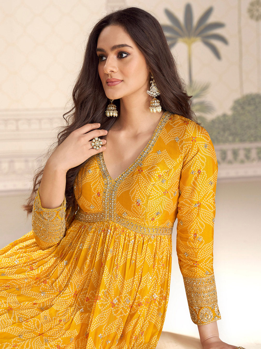 Mustard Chinon Embroidered Gown With Dupatta