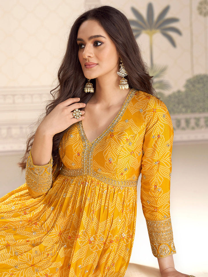 Mustard Chinon Embroidered Gown With Dupatta