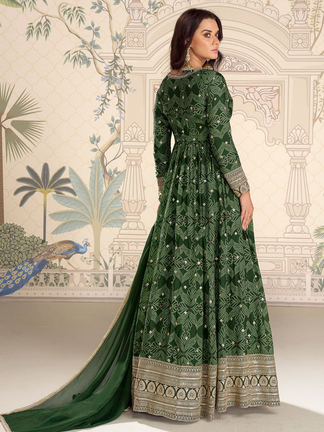Dull Green Chinon Embroidered Gown With Dupatta