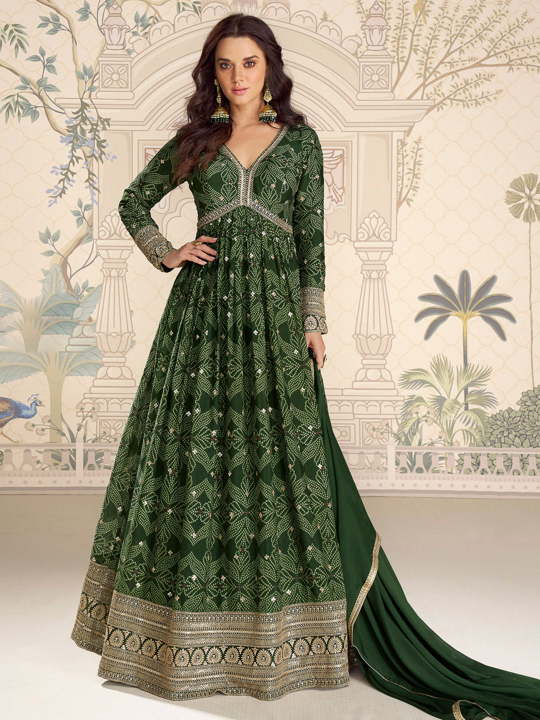 Dull Green Chinon Embroidered Gown With Dupatta