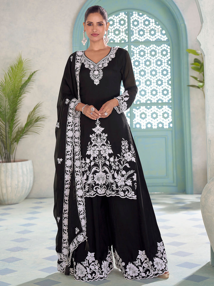 Black Chinon Embroidered Kurta With Palazzo &amp; Dupatta