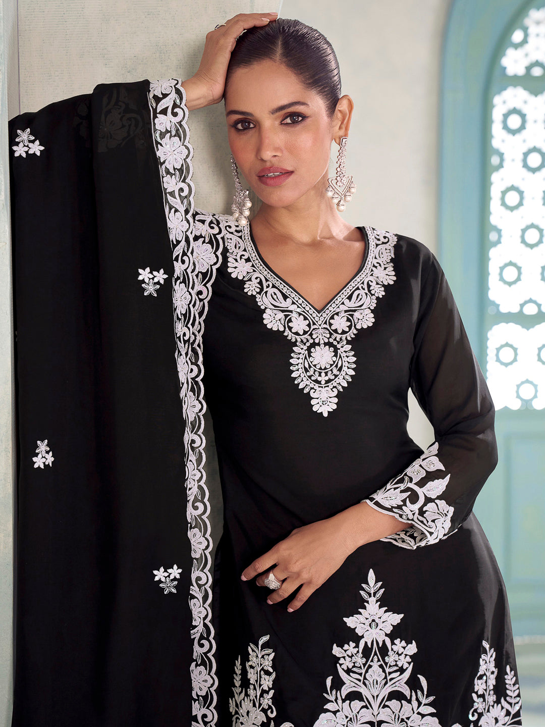 Black Chinon Embroidered Kurta With Palazzo &amp; Dupatta