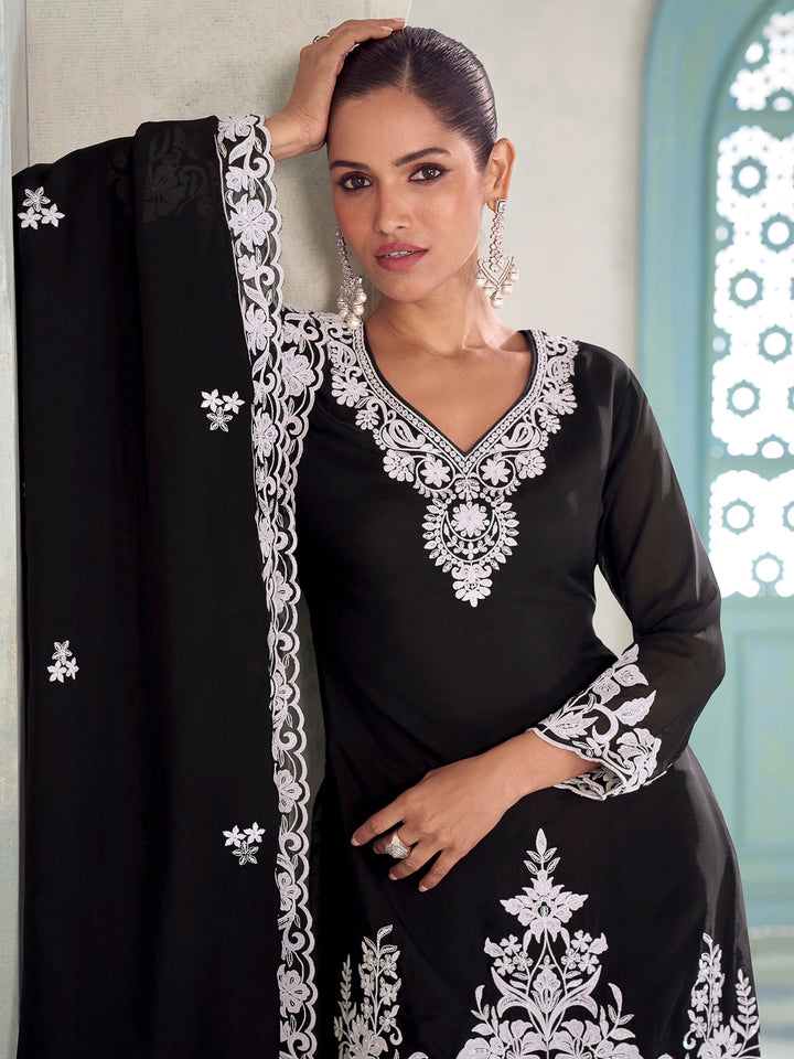 Black Chinon Embroidered Kurta With Palazzo &amp; Dupatta