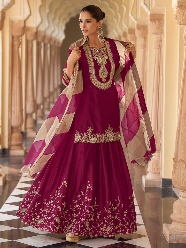 Wine Chinon Embroidered Kurta With Sharara &amp; Dupatta