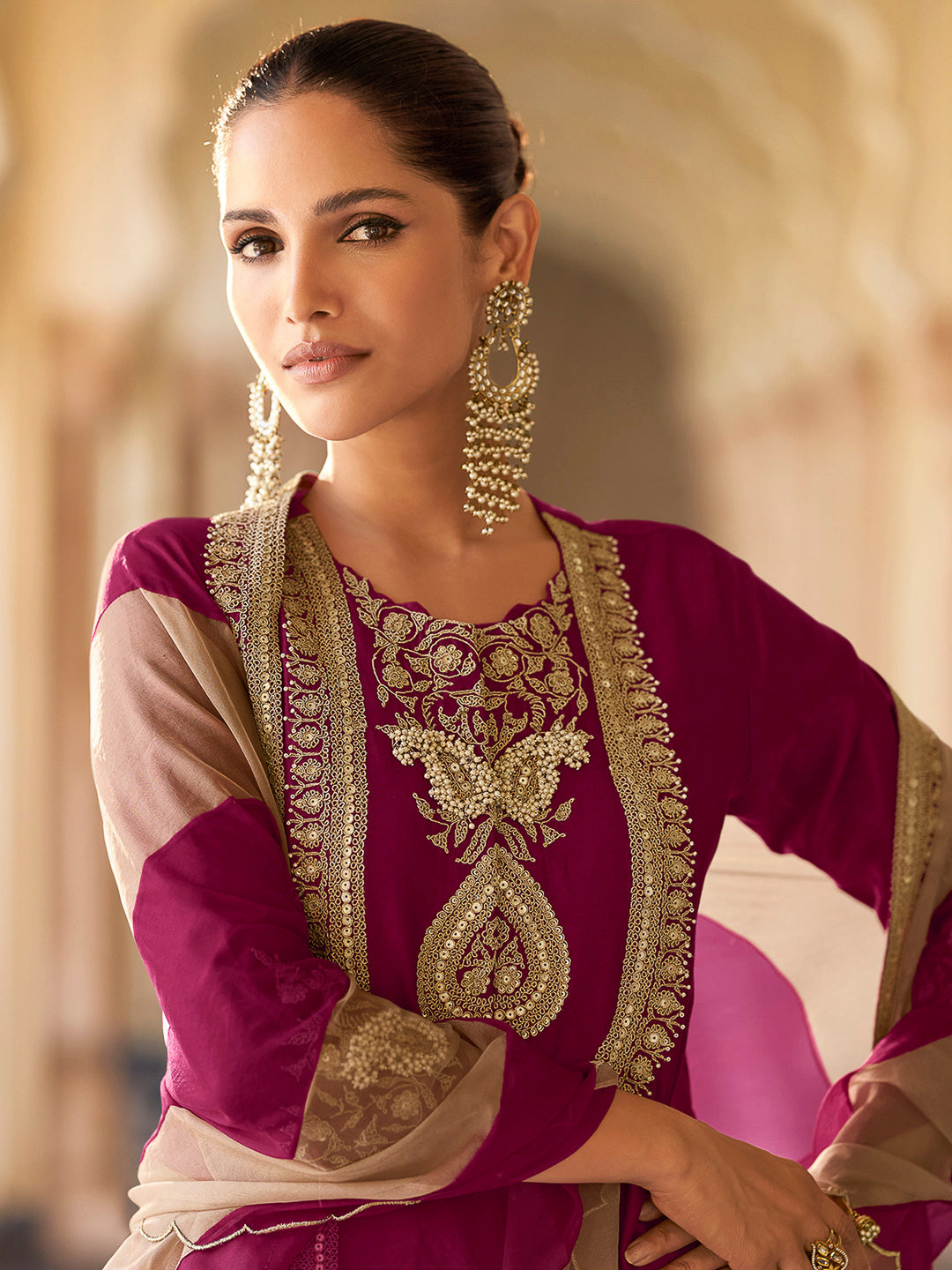 Wine Chinon Embroidered Kurta With Sharara &amp; Dupatta