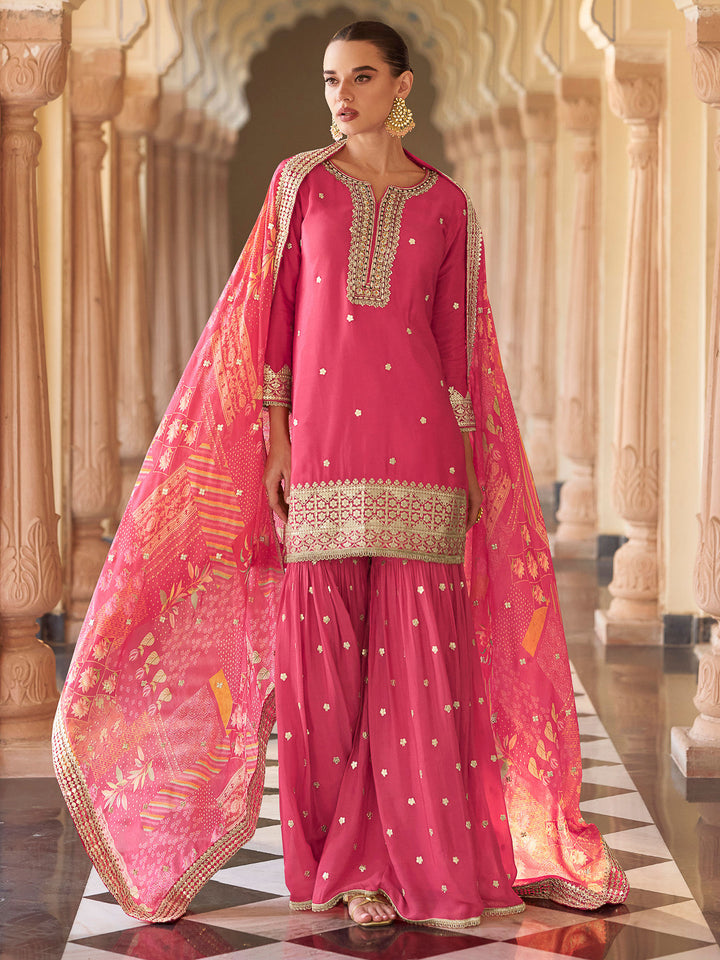 Pink Chinon Embroidered Kurta With Sharara &amp; Dupatta