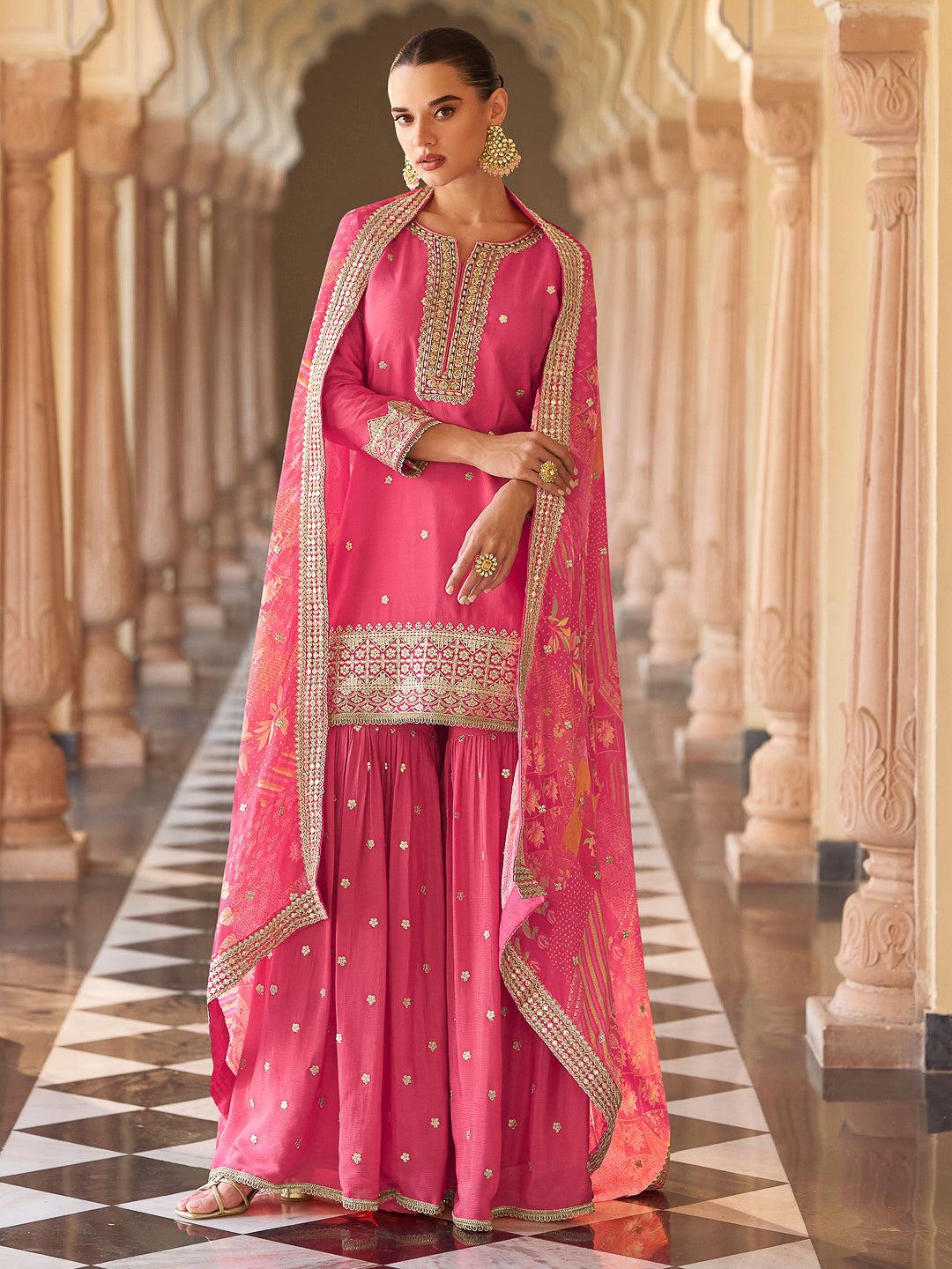 Pink Chinon Embroidered Kurta With Sharara &amp; Dupatta