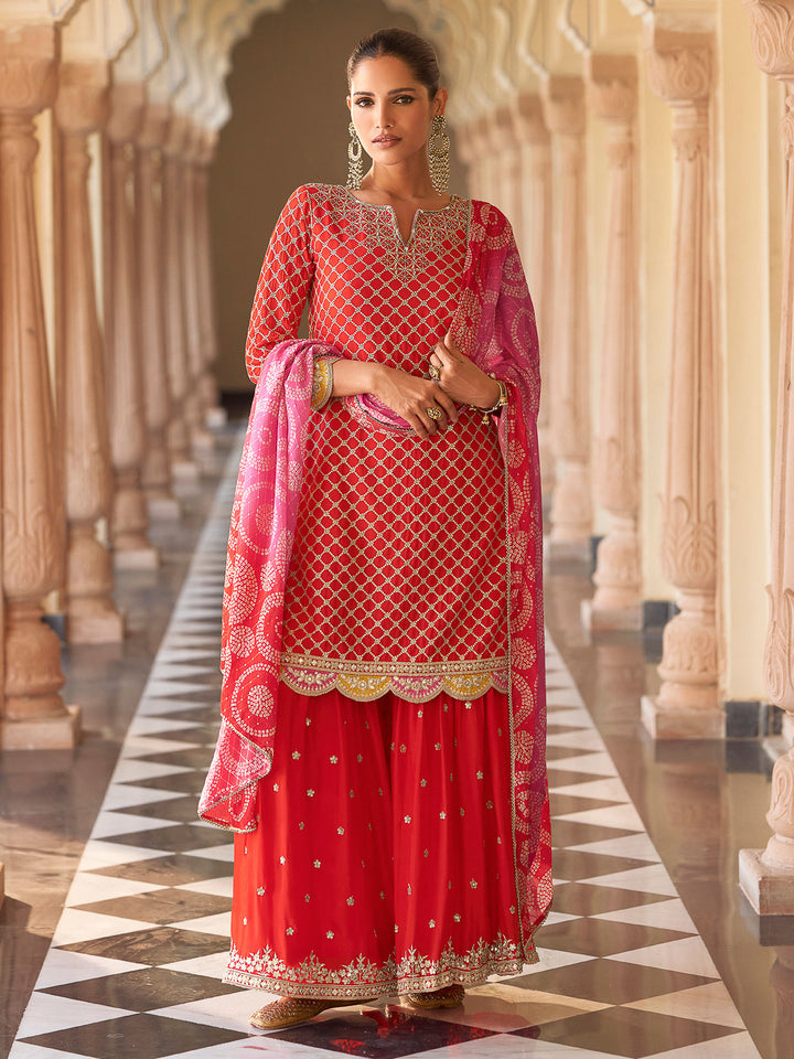 Red Chinon Embroidered Kurta With Sharara &amp; Dupatta