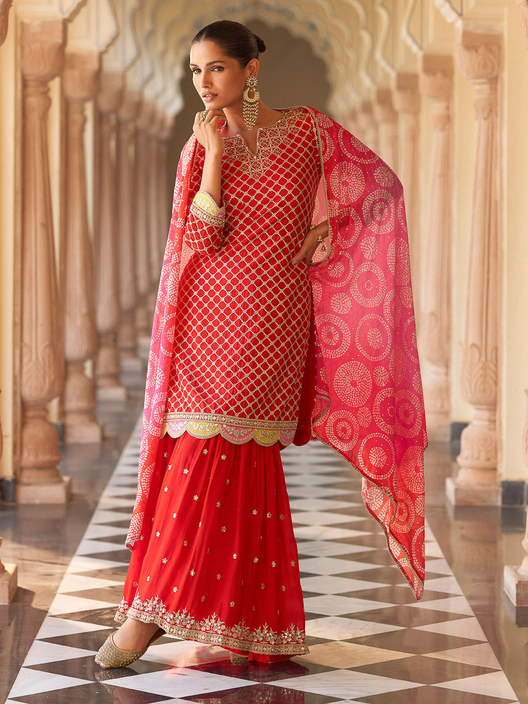 Red Chinon Embroidered Kurta With Sharara &amp; Dupatta