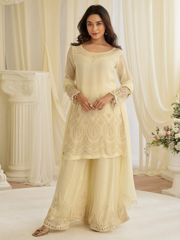 Beige Art Silk Embroidered Kurta With Palazzo &amp; Dupatta