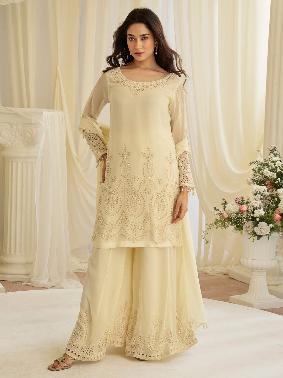 Beige Art Silk Embroidered Kurta With Palazzo &amp; Dupatta
