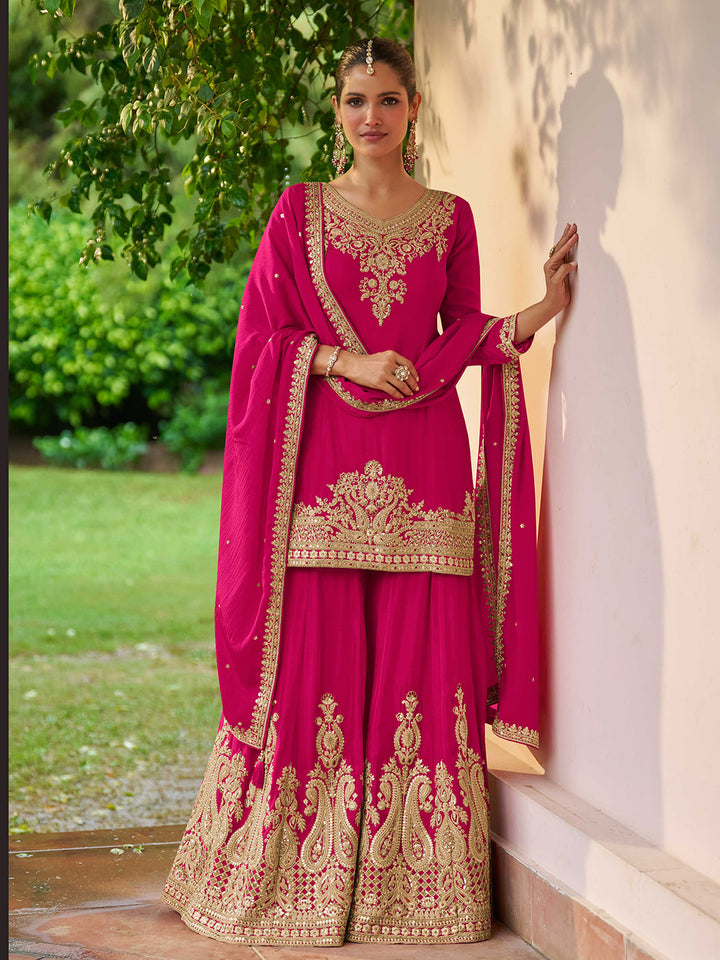 Rani Chinon Embroidered Kurta With Palazzo &amp; Dupatta