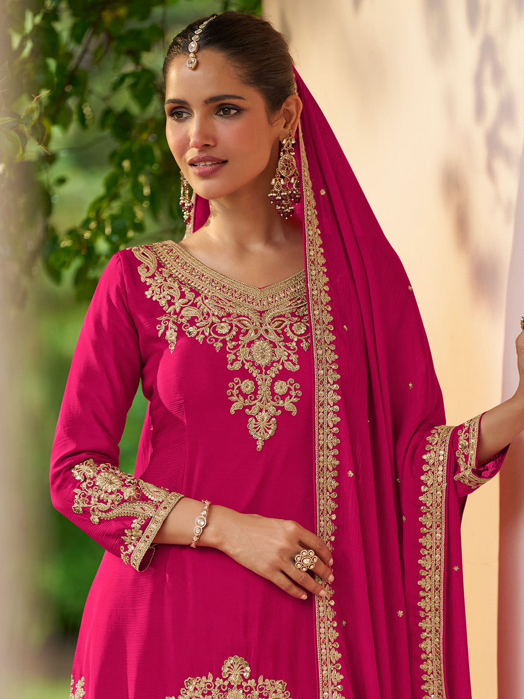 Rani Chinon Embroidered Kurta With Palazzo &amp; Dupatta