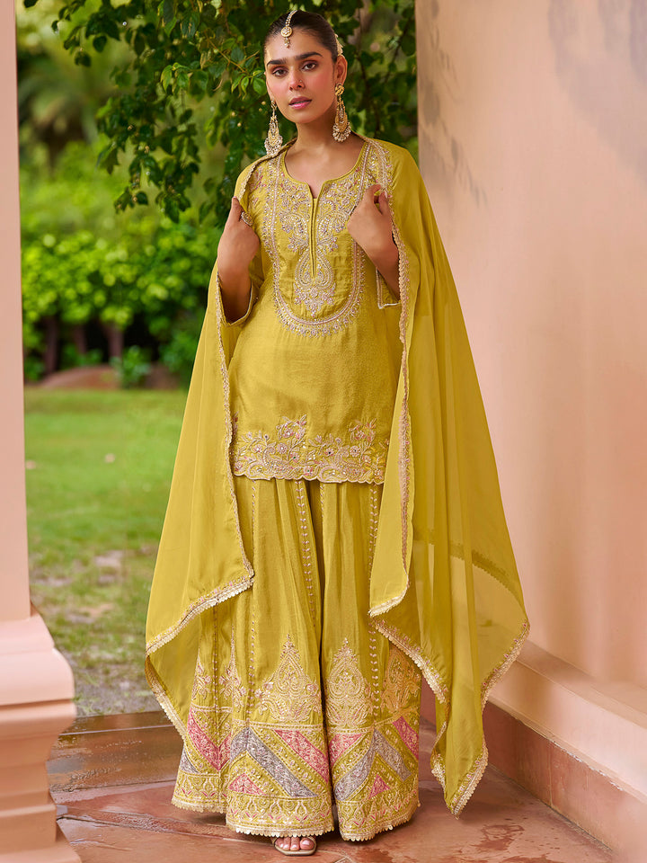 Yellow Chinon Embroidered Kurta With Palazzo &amp; Dupatta