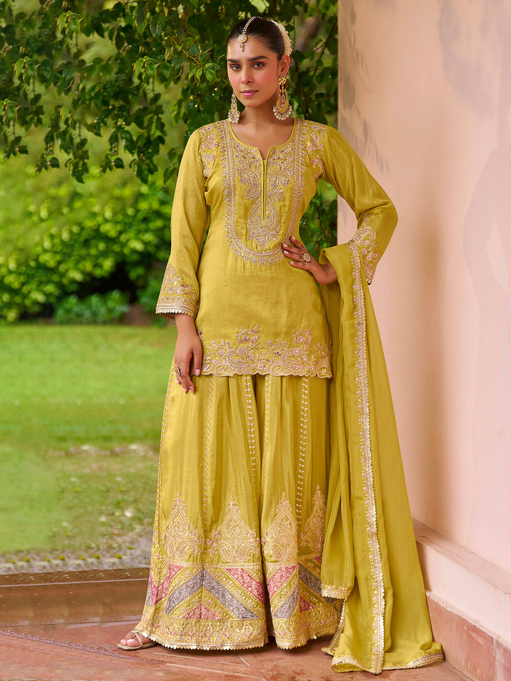 Yellow Chinon Embroidered Kurta With Palazzo &amp; Dupatta