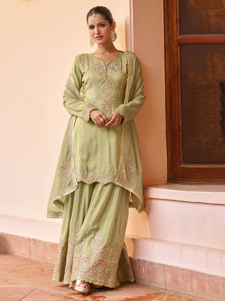 Sea Green Chinon Embroidered Kurta With Palazzo &amp; Dupatta